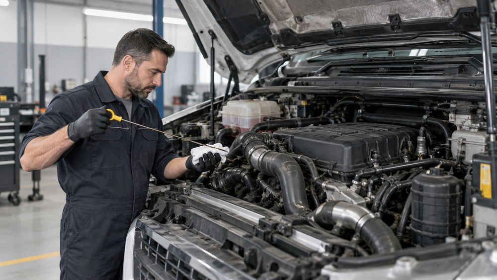 Técnico comprobando el nivel de aceite durante el mantenimiento de un motor