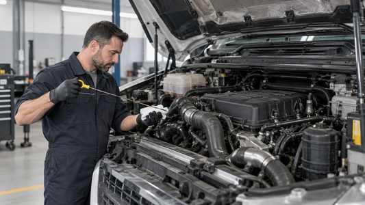 Técnico comprobando el nivel de aceite durante el mantenimiento de un motor