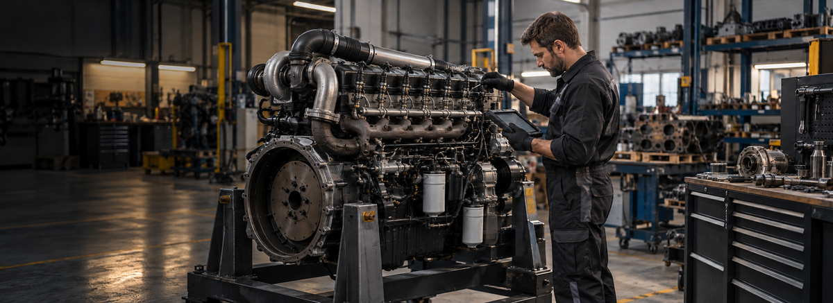 Técnico revisando un motor diésel industrial de seis cilindros en el taller de Mínguez